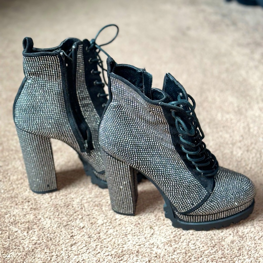 Akira Rhinestone Chunky Heel Platform Booties